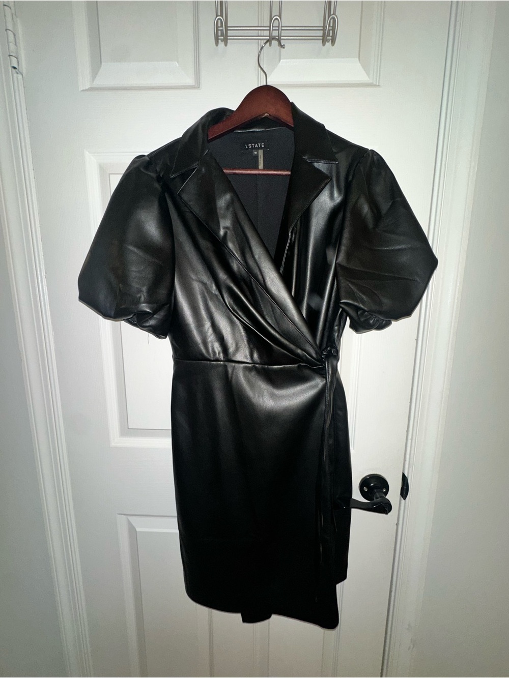 STATE Black Faux Leather Wrap  dress with Lapel Collar